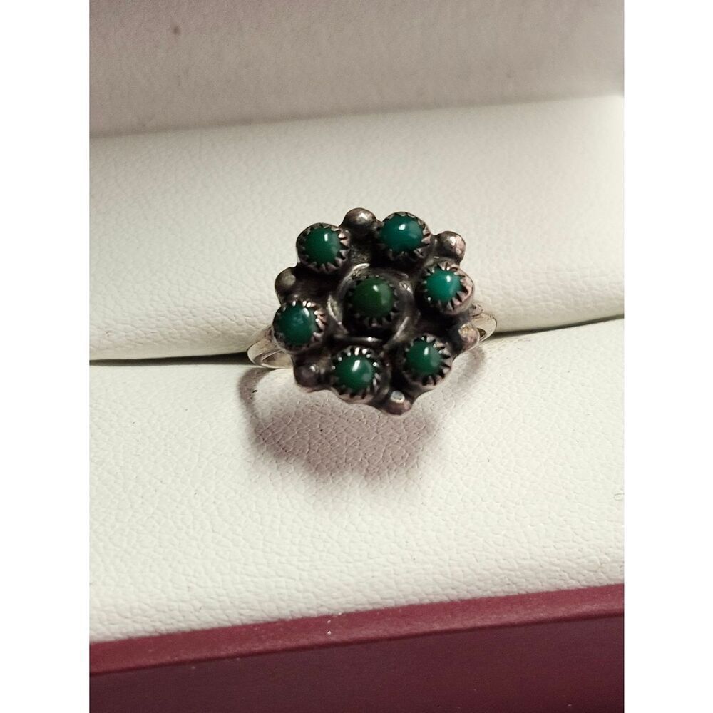 Sterling Silver Green Turquoise "Snake Eye" Cluster Southwestern Ring Size 6